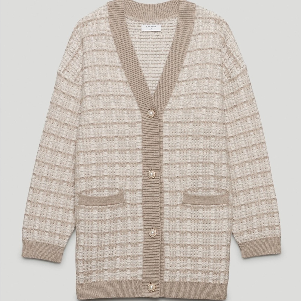 Babaton Lacer Wool Tweed Women's Beige Cardigan Sweater